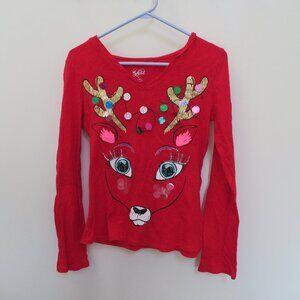 Justice Girls Christmas Holiday Reindeer Sequin Shirt with Hood Kids Size 16